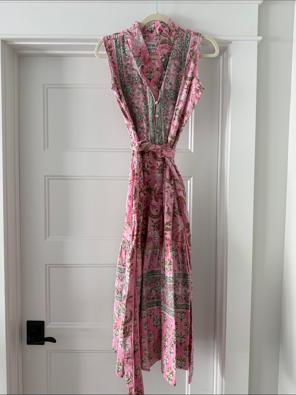 Pink Floral High-Low Maxi Dress with Tie Waist